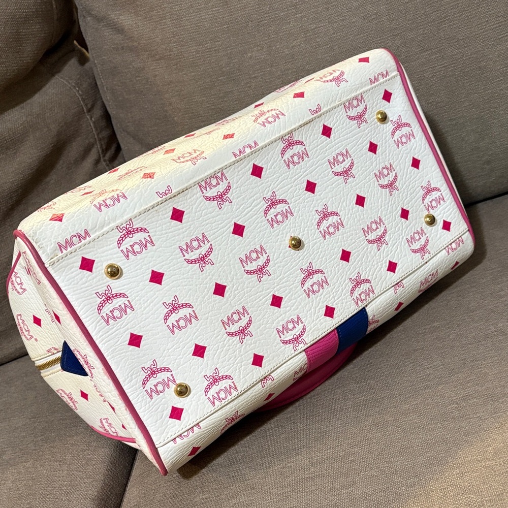 MCM White Satchel with Pink Handles and Multicolor Stripe - Picture 7 of 10